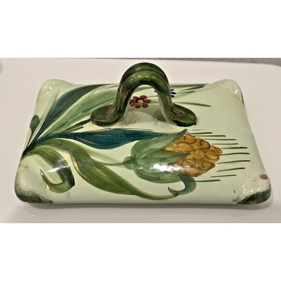 MCM Italy Hand Painted Trinket Dish Lidded Numbered Green Gold Vintage Rectangle - Picture 12 of 14